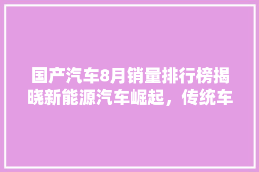 国产汽车8月销量排行榜揭晓新能源汽车崛起，传统车企稳扎稳打